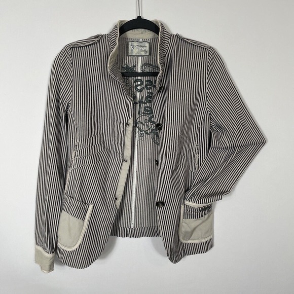 Desigual Charcoal Londres Blazer Jacket Women's Size 36 Striped Raw Edge Cotton - Picture 9 of 11